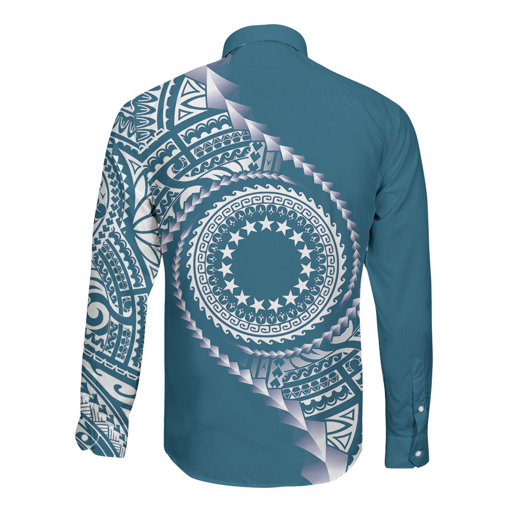 Cook Islands Gospel Day Long Sleeve Button Shirt Blue Tribal Curves LT05 - Polynesian Pride