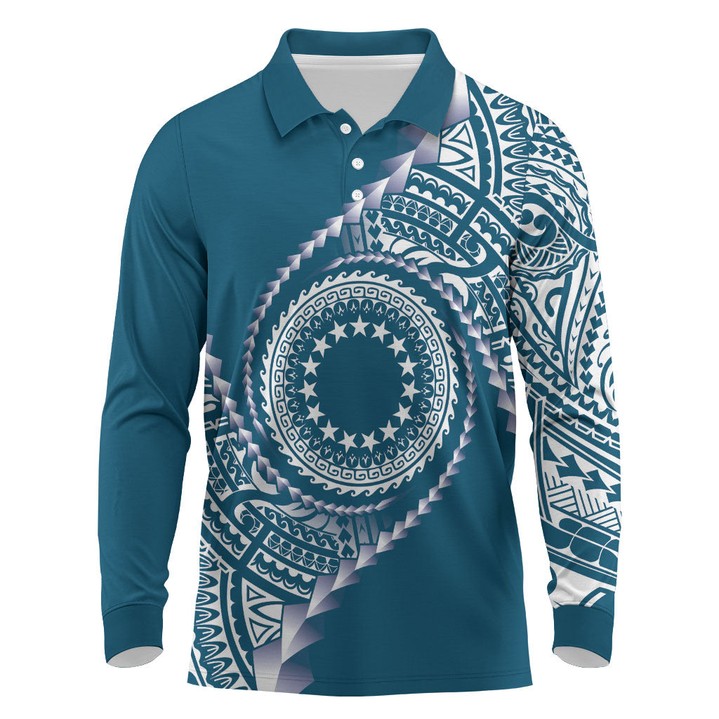 Cook Islands Gospel Day Long Sleeve Polo Shirt Blue Tribal Curves LT05 Blue - Polynesian Pride
