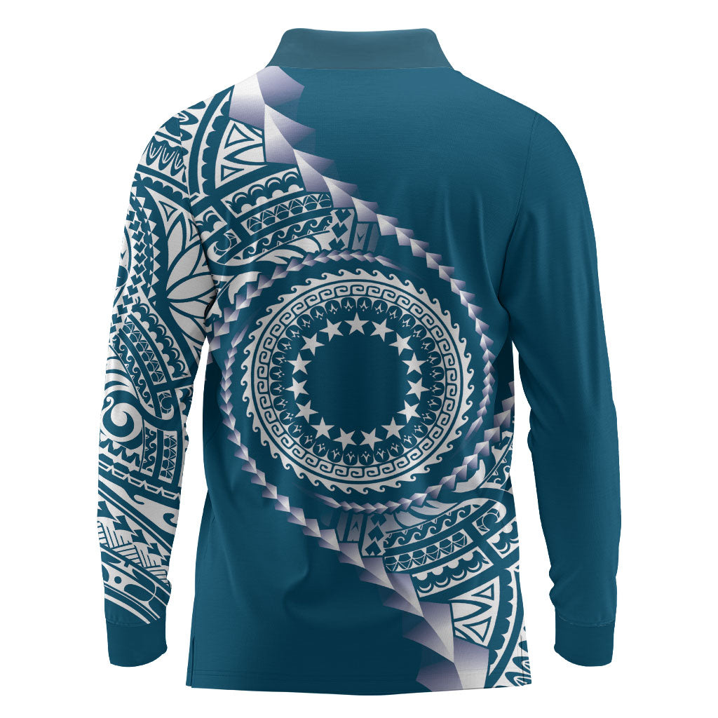 Cook Islands Gospel Day Long Sleeve Polo Shirt Blue Tribal Curves LT05 - Polynesian Pride