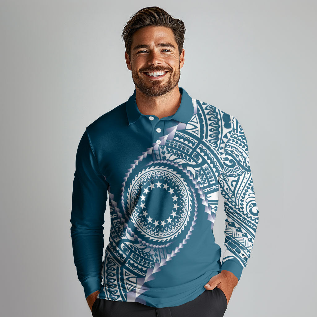 Cook Islands Gospel Day Long Sleeve Polo Shirt Blue Tribal Curves LT05 - Polynesian Pride