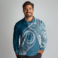 Cook Islands Gospel Day Long Sleeve Polo Shirt Blue Tribal Curves LT05 - Polynesian Pride