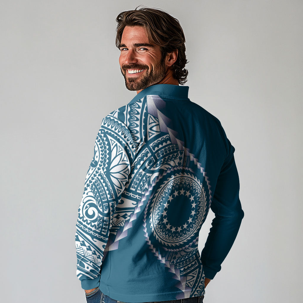 Cook Islands Gospel Day Long Sleeve Polo Shirt Blue Tribal Curves LT05 - Polynesian Pride