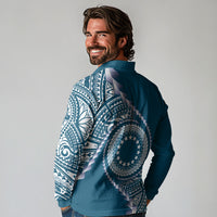 Cook Islands Gospel Day Long Sleeve Polo Shirt Blue Tribal Curves LT05 - Polynesian Pride