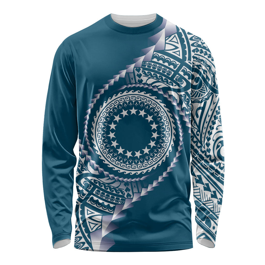 Cook Islands Gospel Day Long Sleeve Shirt Blue Tribal Curves LT05 Unisex Blue - Polynesian Pride
