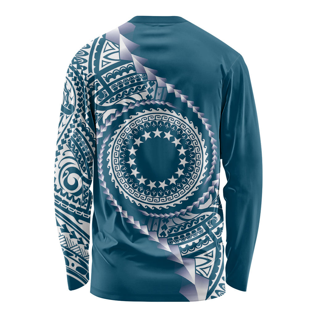 Cook Islands Gospel Day Long Sleeve Shirt Blue Tribal Curves LT05 - Polynesian Pride