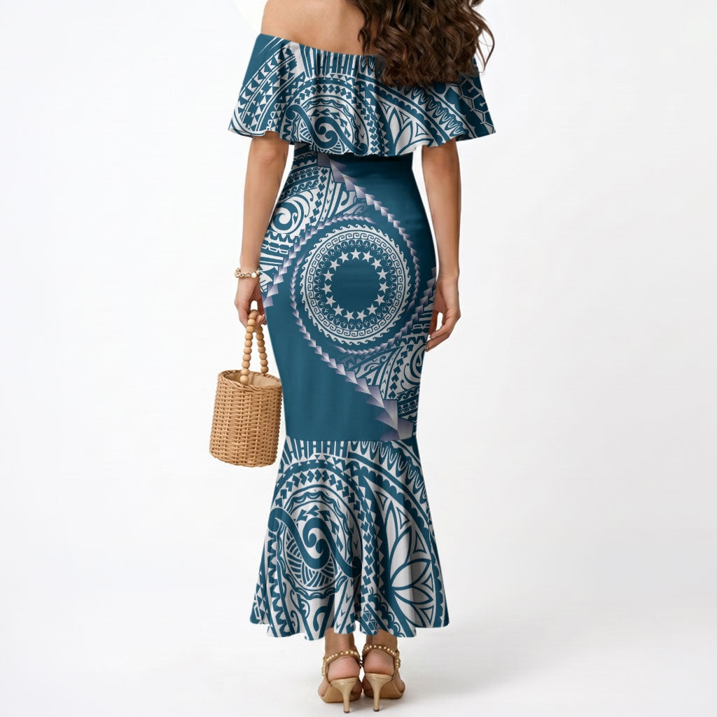 Cook Islands Gospel Day Mermaid Dress Blue Tribal Curves LT05 - Polynesian Pride