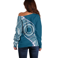 Cook Islands Gospel Day Off Shoulder Sweater Blue Tribal Curves LT05 - Polynesian Pride