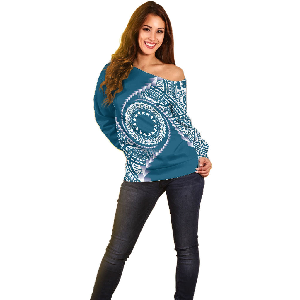 Cook Islands Gospel Day Off Shoulder Sweater Blue Tribal Curves LT05 - Polynesian Pride