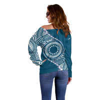 Cook Islands Gospel Day Off Shoulder Sweater Blue Tribal Curves LT05 - Polynesian Pride