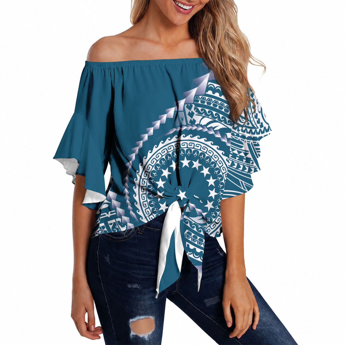 Cook Islands Gospel Day Off Shoulder Wrap Waist Top Blue Tribal Curves LT05 Blue - Polynesian Pride