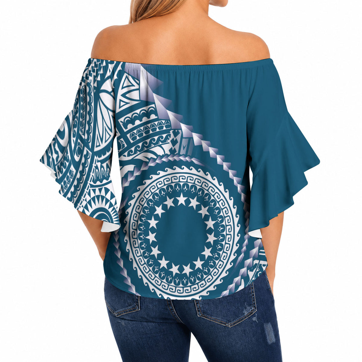 Cook Islands Gospel Day Off Shoulder Wrap Waist Top Blue Tribal Curves LT05 - Polynesian Pride