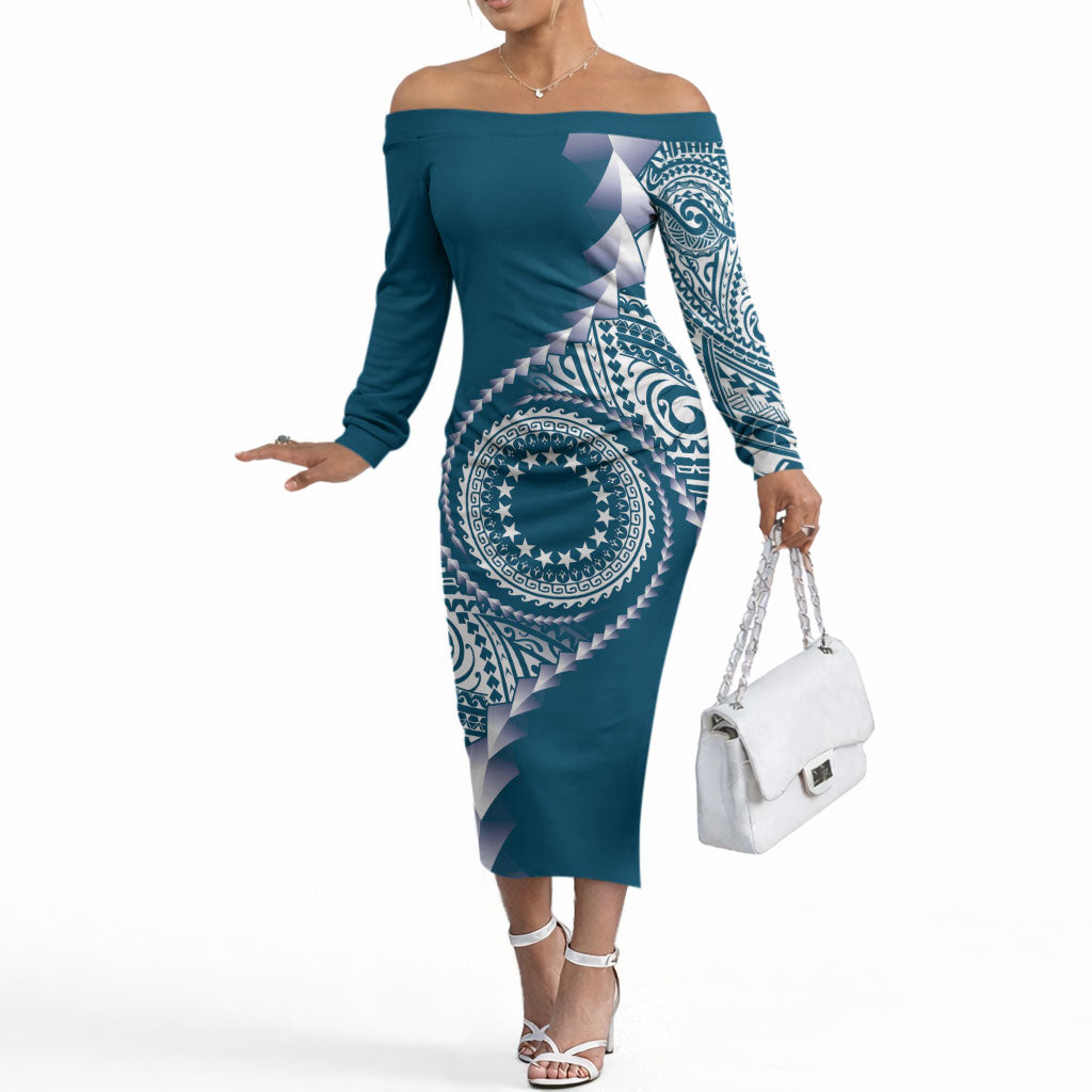 Cook Islands Gospel Day Off The Shoulder Long Sleeve Dress Blue Tribal Curves LT05 Women Blue - Polynesian Pride