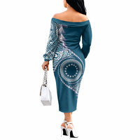Cook Islands Gospel Day Off The Shoulder Long Sleeve Dress Blue Tribal Curves LT05 - Polynesian Pride