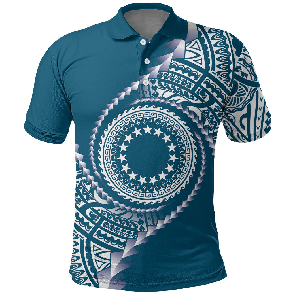 Cook Islands Gospel Day Polo Shirt Blue Tribal Curves LT05 Blue - Polynesian Pride