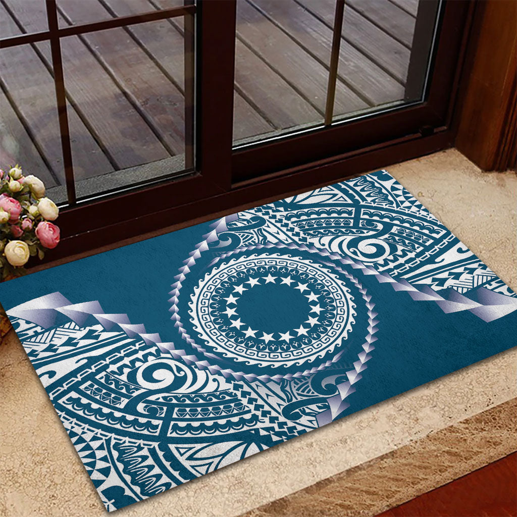Cook Islands Gospel Day Rubber Doormat Blue Tribal Curves