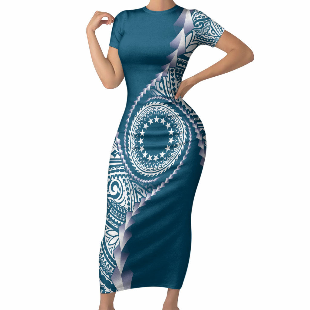 Cook Islands Gospel Day Short Sleeve Bodycon Dress Blue Tribal Curves