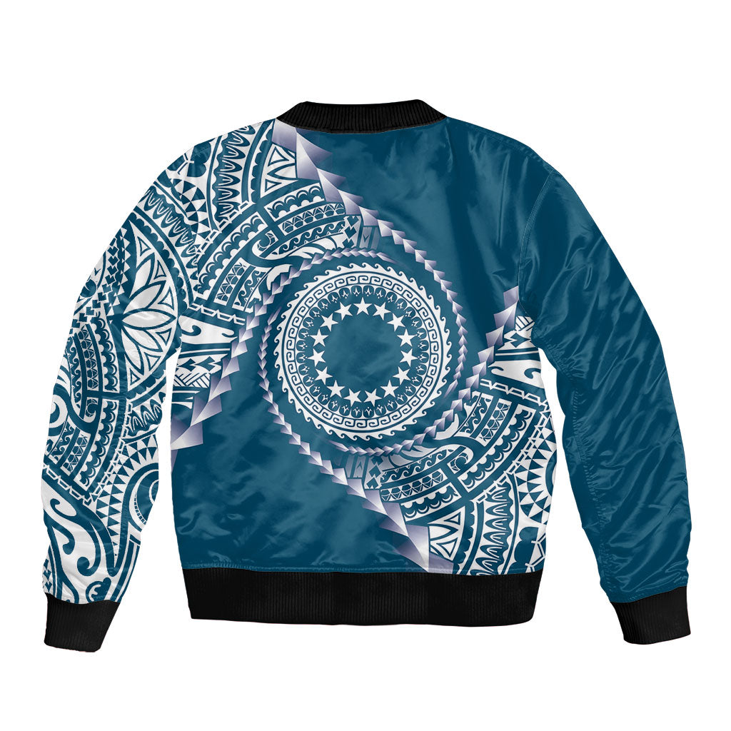 Cook Islands Gospel Day Sleeve Zip Bomber Jacket Blue Tribal Curves LT05 - Polynesian Pride