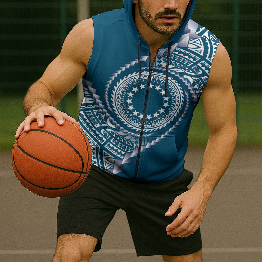 Cook Islands Gospel Day Sleeveless Zip Hoodie Blue Tribal Curves LT05 - Polynesian Pride