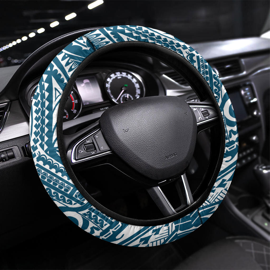 Cook Islands Gospel Day Steering Wheel Cover Blue Tribal Curves LT05 Universal Fit Blue - Polynesian Pride