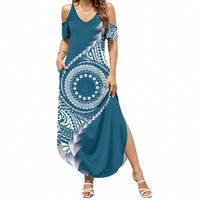 Cook Islands Gospel Day Summer Maxi Dress Blue Tribal Curves LT05 Women Blue - Polynesian Pride