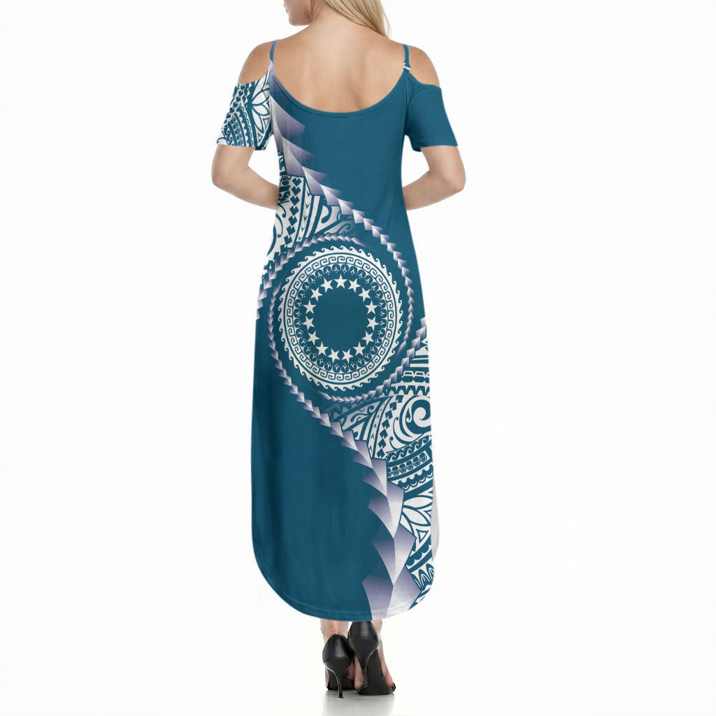 Cook Islands Gospel Day Summer Maxi Dress Blue Tribal Curves LT05 - Polynesian Pride