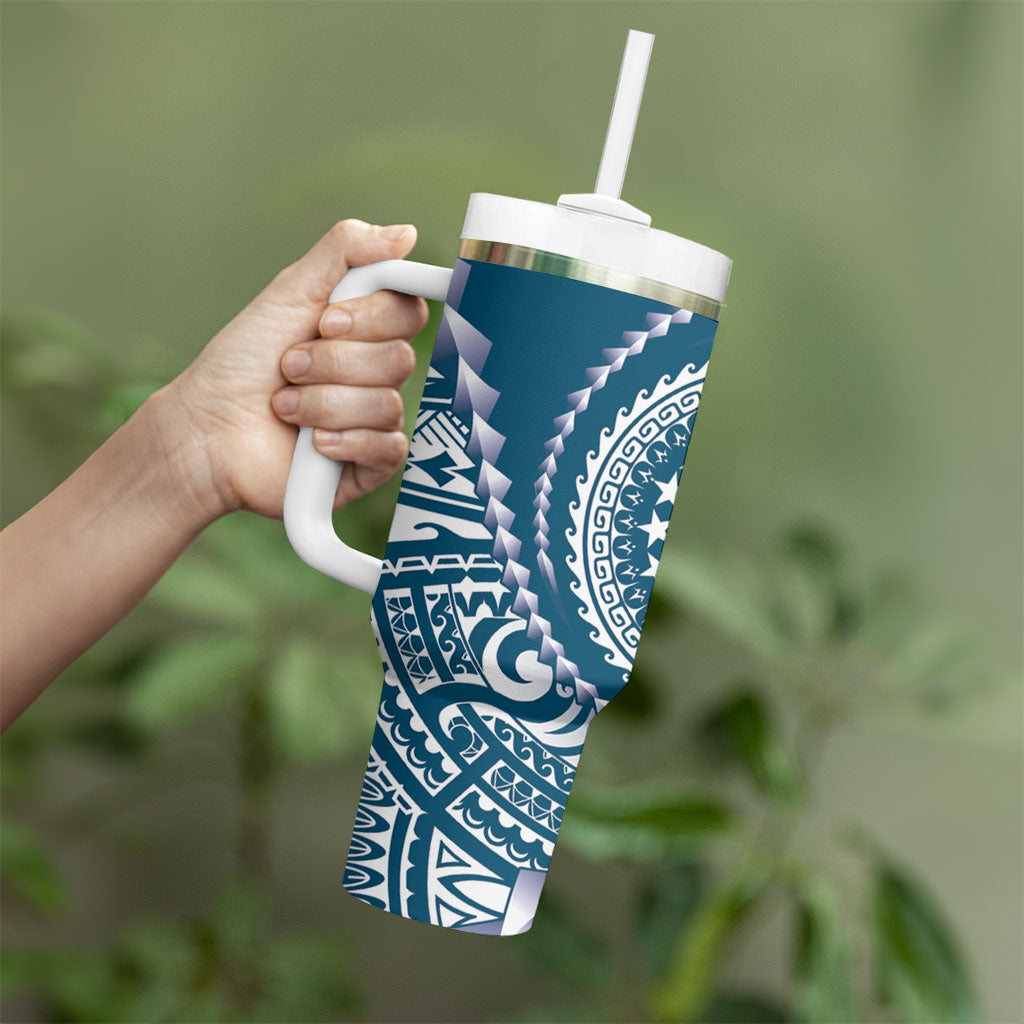 Cook Islands Gospel Day Tumbler With Handle Blue Tribal Curves LT05 - Polynesian Pride