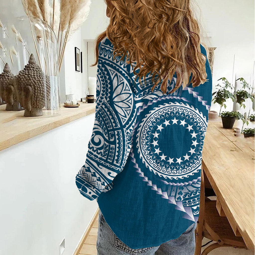 Cook Islands Gospel Day Women Casual Shirt Blue Tribal Curves LT05 - Polynesian Pride