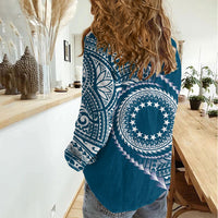 Cook Islands Gospel Day Women Casual Shirt Blue Tribal Curves LT05 - Polynesian Pride