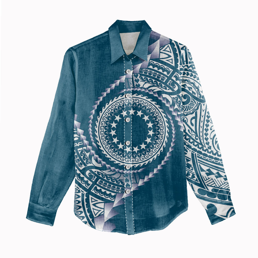 Cook Islands Gospel Day Women Casual Shirt Blue Tribal Curves LT05 - Polynesian Pride