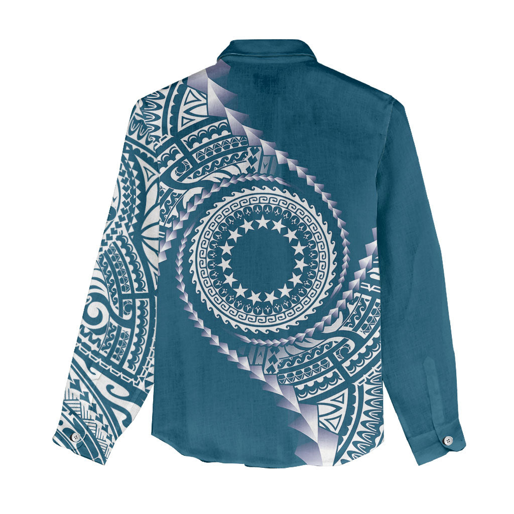 Cook Islands Gospel Day Women Casual Shirt Blue Tribal Curves LT05 - Polynesian Pride