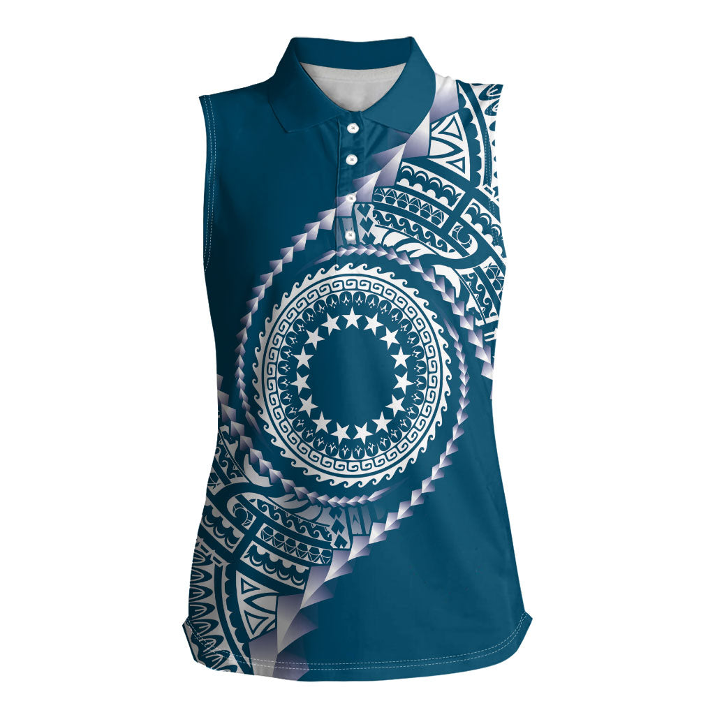 Cook Islands Gospel Day Women Sleeveless Polo Shirt Blue Tribal Curves LT05 Female Blue - Polynesian Pride