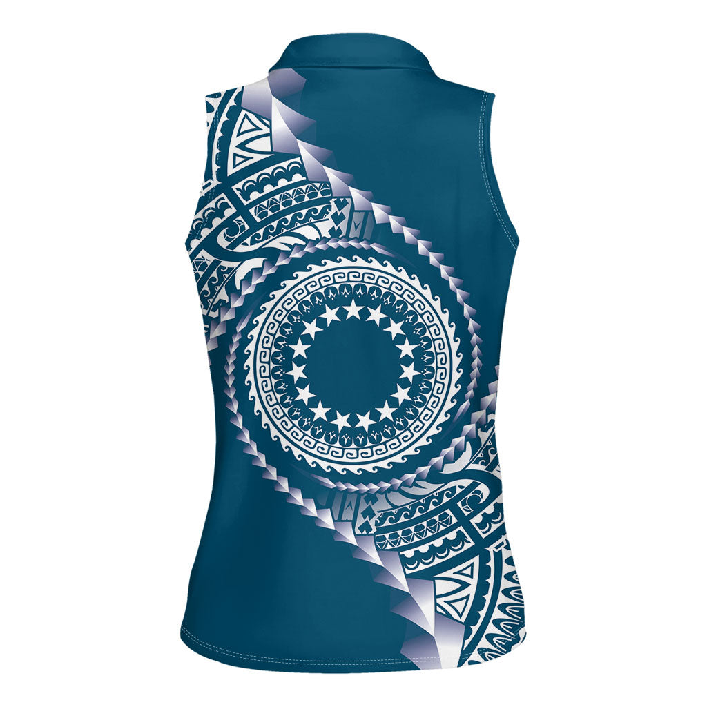Cook Islands Gospel Day Women Sleeveless Polo Shirt Blue Tribal Curves LT05 - Polynesian Pride