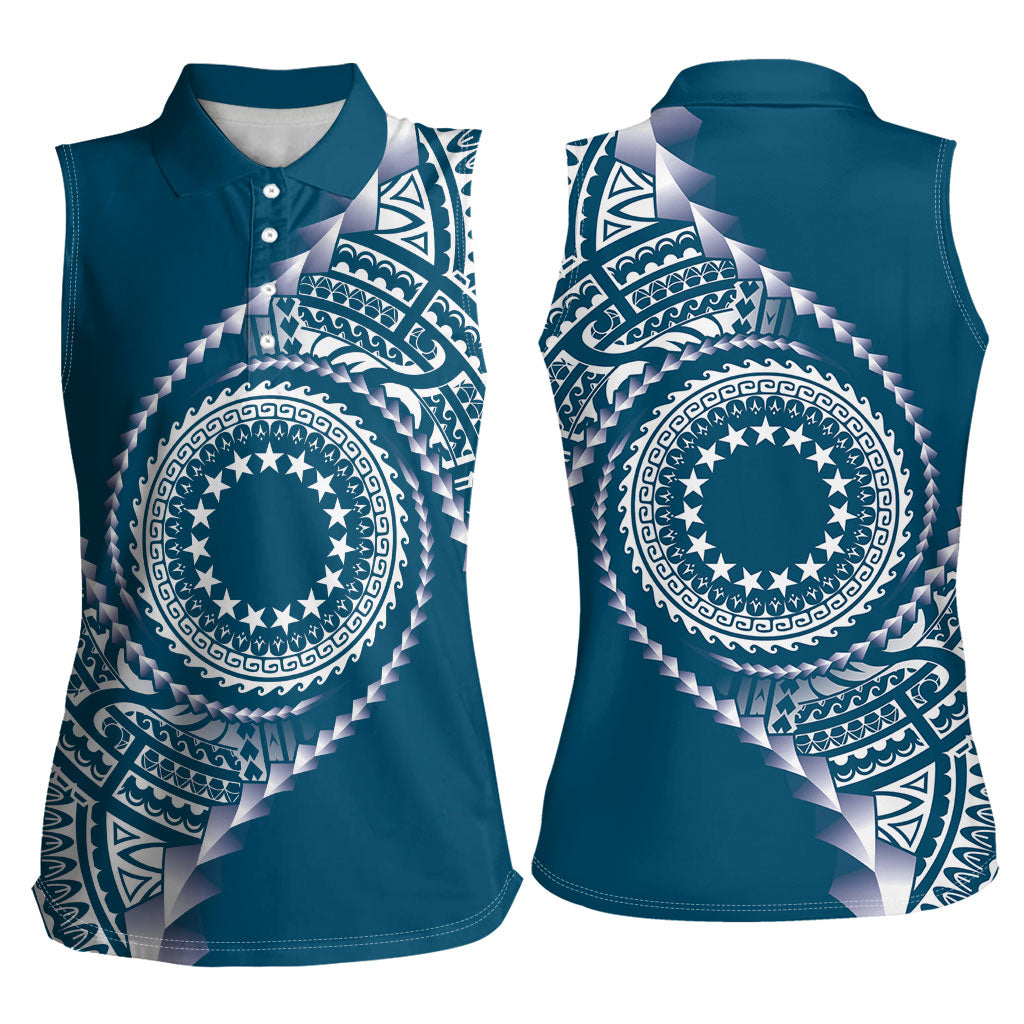 Cook Islands Gospel Day Women Sleeveless Polo Shirt Blue Tribal Curves LT05 - Polynesian Pride