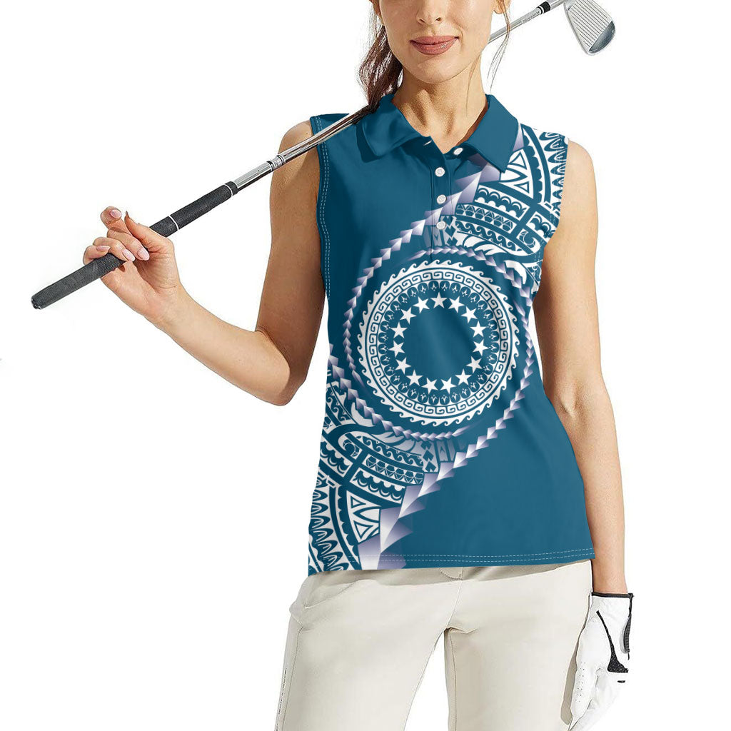 Cook Islands Gospel Day Women Sleeveless Polo Shirt Blue Tribal Curves LT05 - Polynesian Pride