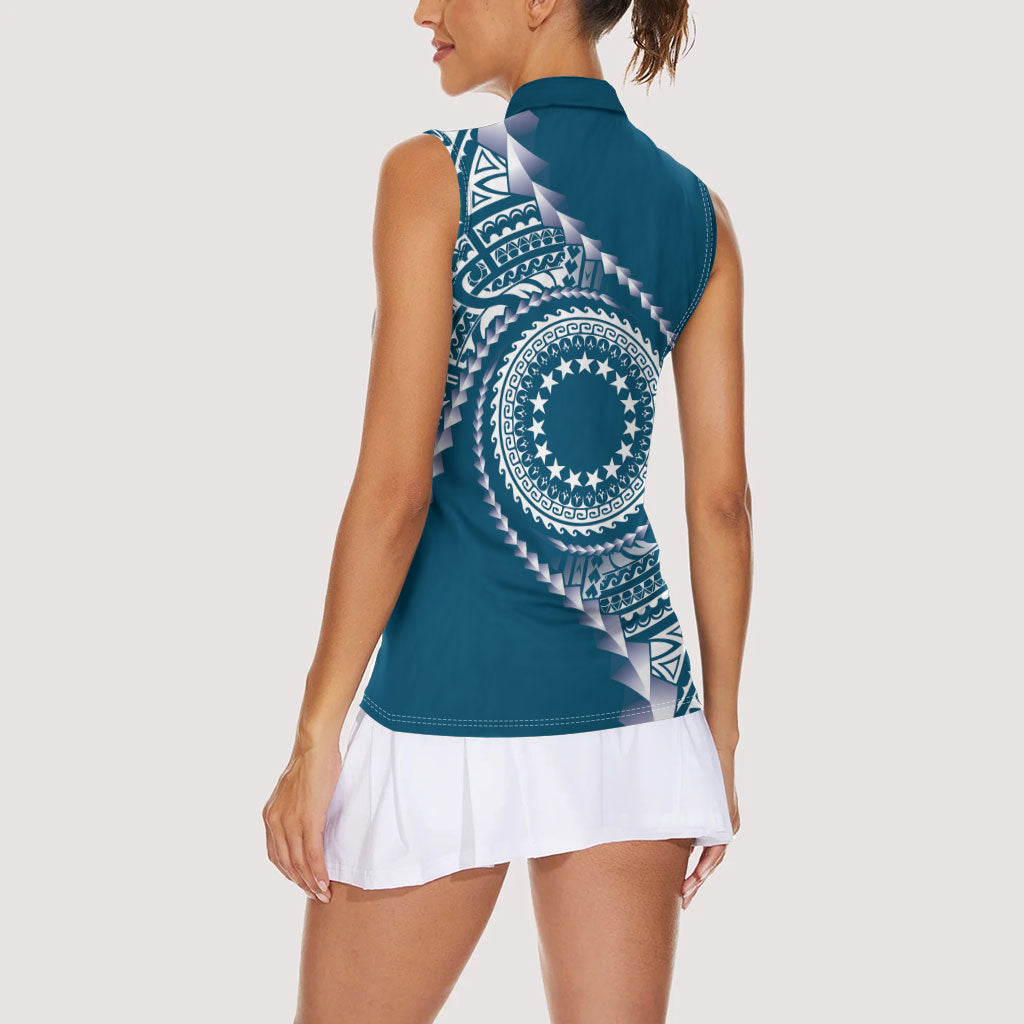 Cook Islands Gospel Day Women Sleeveless Polo Shirt Blue Tribal Curves LT05 - Polynesian Pride