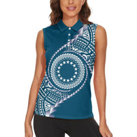 Cook Islands Gospel Day Women Sleeveless Polo Shirt Blue Tribal Curves LT05 - Polynesian Pride