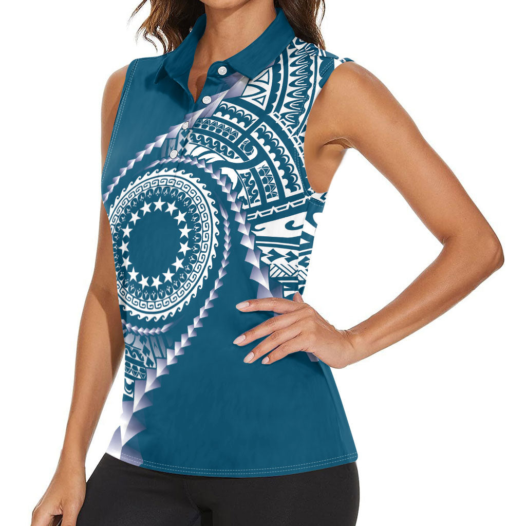 Cook Islands Gospel Day Women Sleeveless Polo Shirt Blue Tribal Curves LT05 - Polynesian Pride