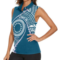 Cook Islands Gospel Day Women Sleeveless Polo Shirt Blue Tribal Curves LT05 - Polynesian Pride