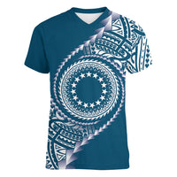 Cook Islands Gospel Day Women V-Neck T-Shirt Blue Tribal Curves LT05 Female Blue - Polynesian Pride