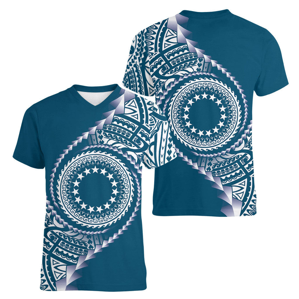Cook Islands Gospel Day Women V-Neck T-Shirt Blue Tribal Curves LT05 - Polynesian Pride