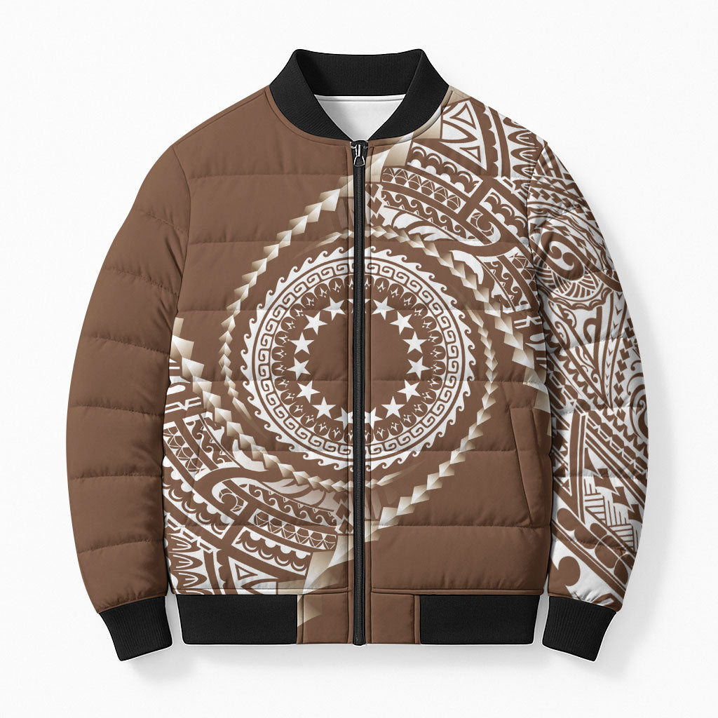 Cook Islands Gospel Day Bomber Puffer Jacket Brown Tribal Curves LT05 Unisex Brown - Polynesian Pride