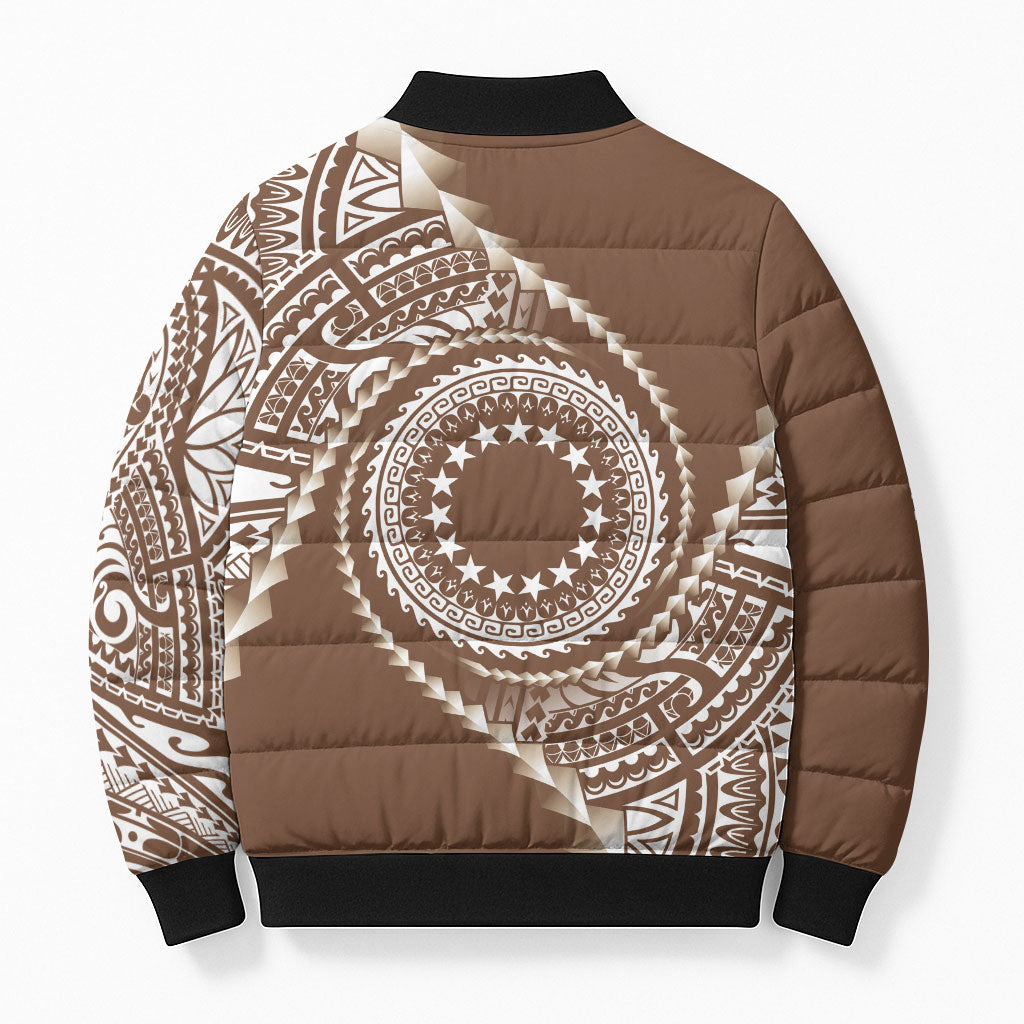 Cook Islands Gospel Day Bomber Puffer Jacket Brown Tribal Curves LT05 - Polynesian Pride