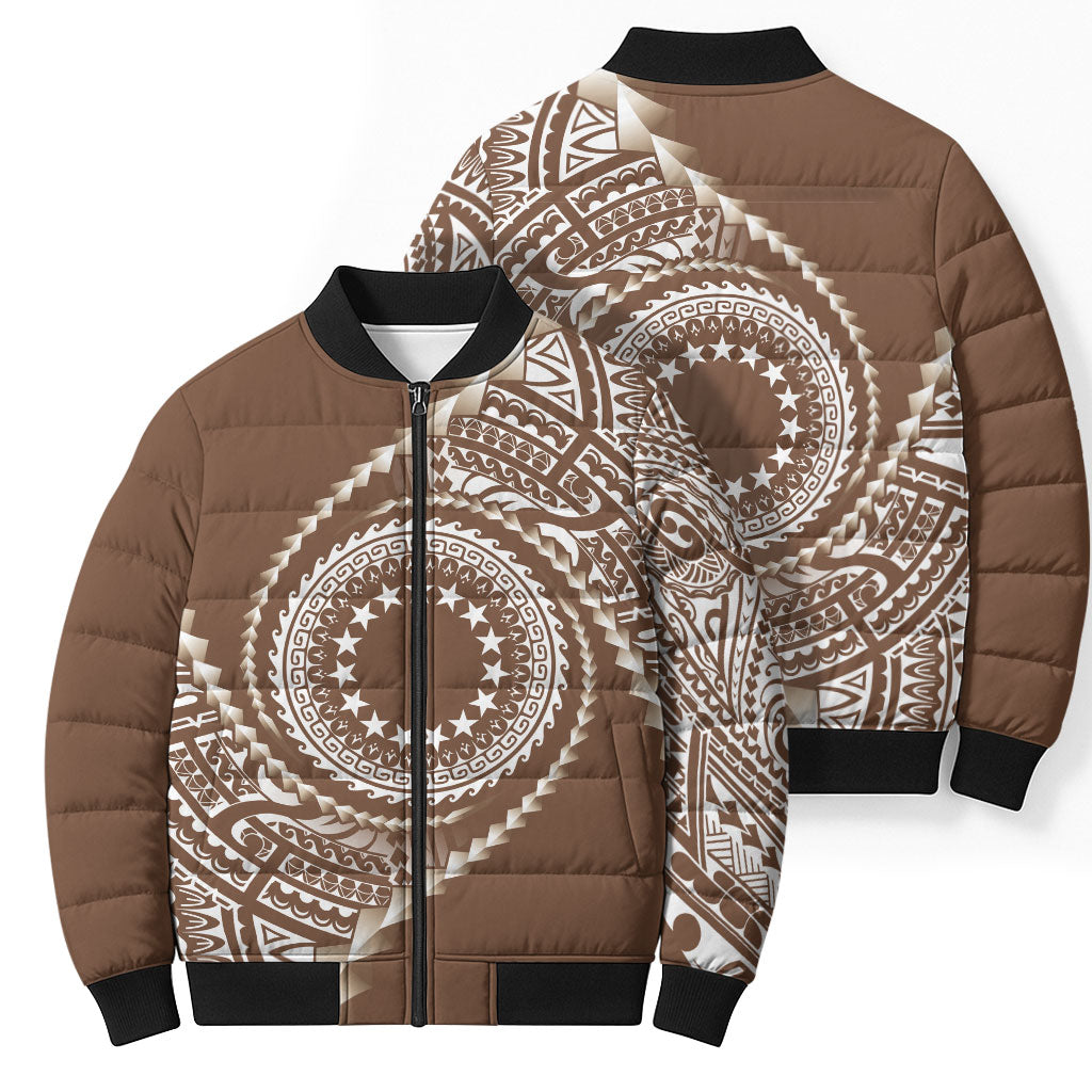 Cook Islands Gospel Day Bomber Puffer Jacket Brown Tribal Curves LT05 - Polynesian Pride