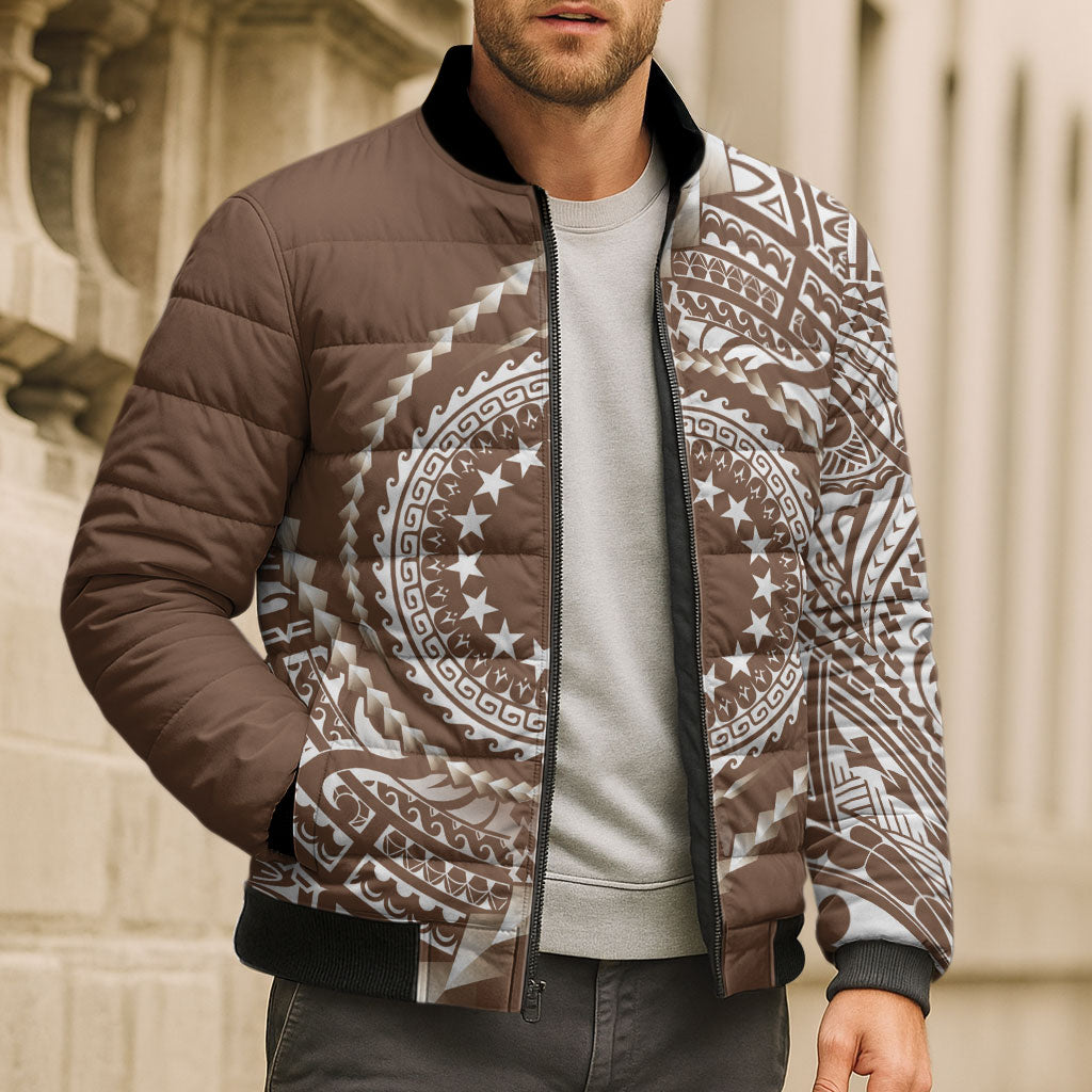 Cook Islands Gospel Day Bomber Puffer Jacket Brown Tribal Curves LT05 - Polynesian Pride