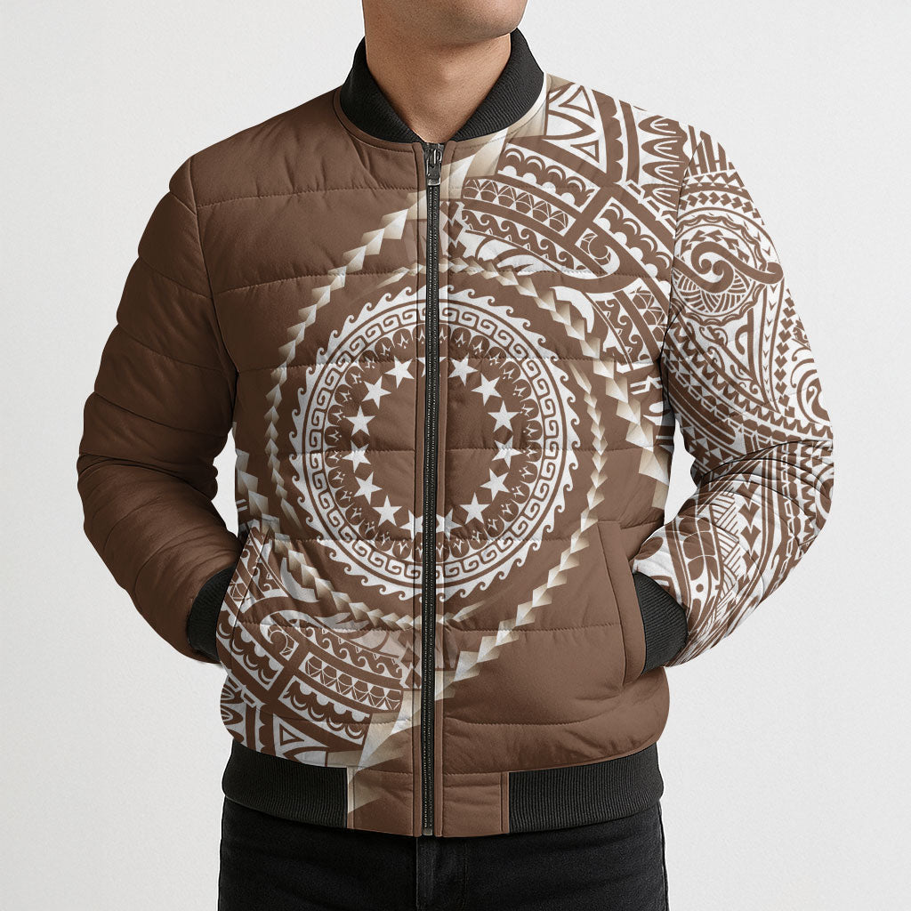 Cook Islands Gospel Day Bomber Puffer Jacket Brown Tribal Curves LT05 - Polynesian Pride