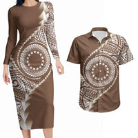 Cook Islands Gospel Day Couples Matching Long Sleeve Bodycon Dress and Hawaiian Shirt Brown Tribal Curves LT05 Brown - Polynesian Pride