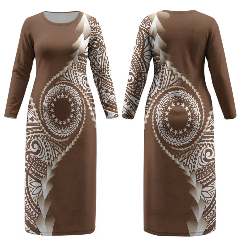 Cook Islands Gospel Day Couples Matching Long Sleeve Bodycon Dress and Hawaiian Shirt Brown Tribal Curves LT05 - Polynesian Pride