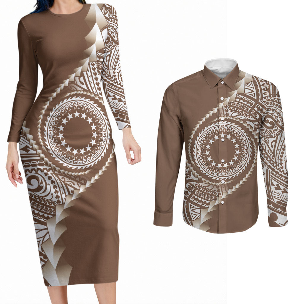 Cook Islands Gospel Day Couples Matching Long Sleeve Bodycon Dress and Long Sleeve Button Shirt Brown Tribal Curves LT05 Brown - Polynesian Pride
