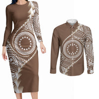 Cook Islands Gospel Day Couples Matching Long Sleeve Bodycon Dress and Long Sleeve Button Shirt Brown Tribal Curves LT05 Brown - Polynesian Pride