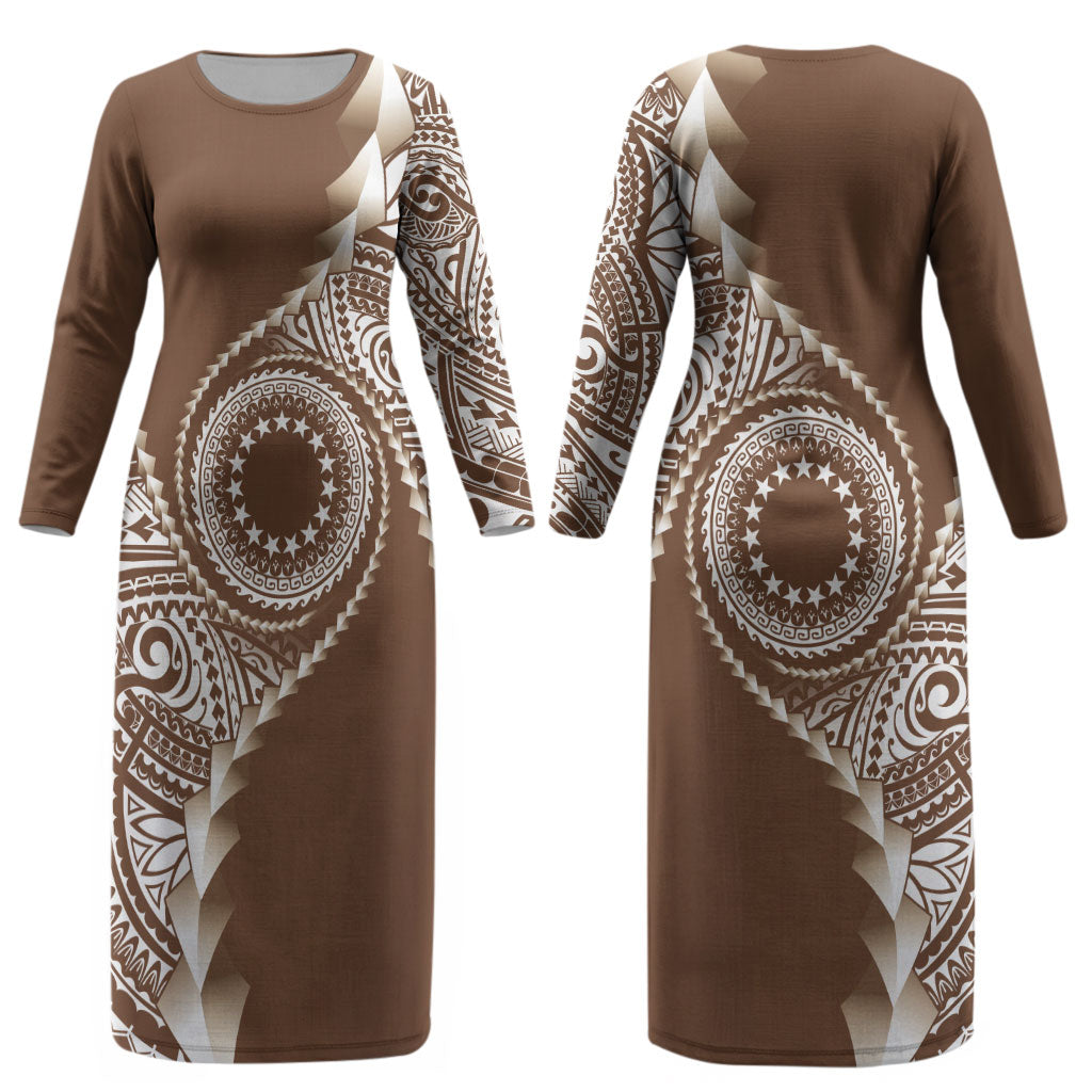 Cook Islands Gospel Day Couples Matching Long Sleeve Bodycon Dress and Long Sleeve Button Shirt Brown Tribal Curves LT05 - Polynesian Pride